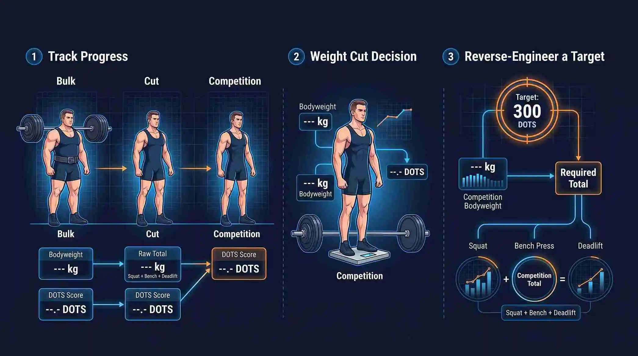 DOTS Score Training Progress and 300 DOTS Target DOTS score tracking powerlifting progress during bulk, cut, and competition