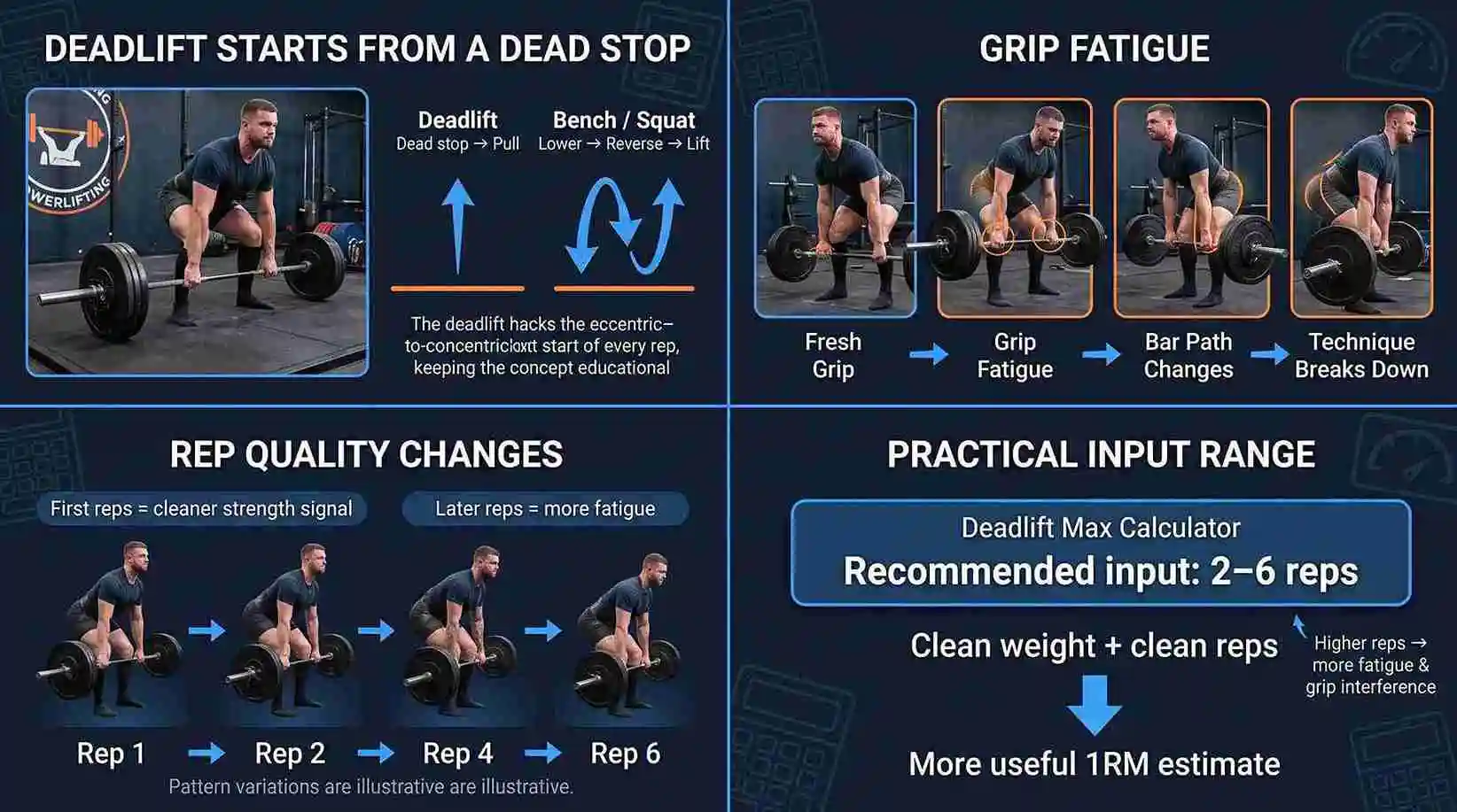 Deadlift max calculator showing grip fatigue, dead-stop reps, and the recommended 2 to 6 rep range