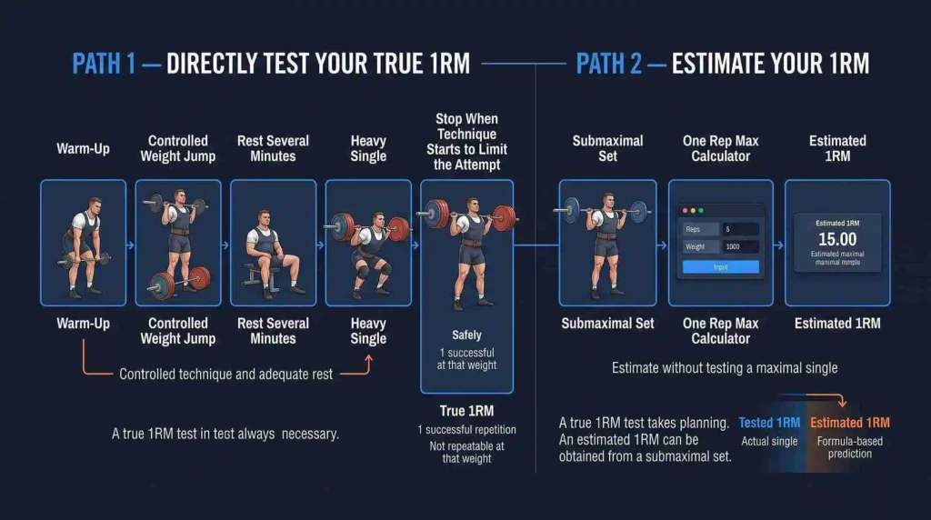 One rep max calculator showing true 1RM testing and estimated 1RM from a submaximal set