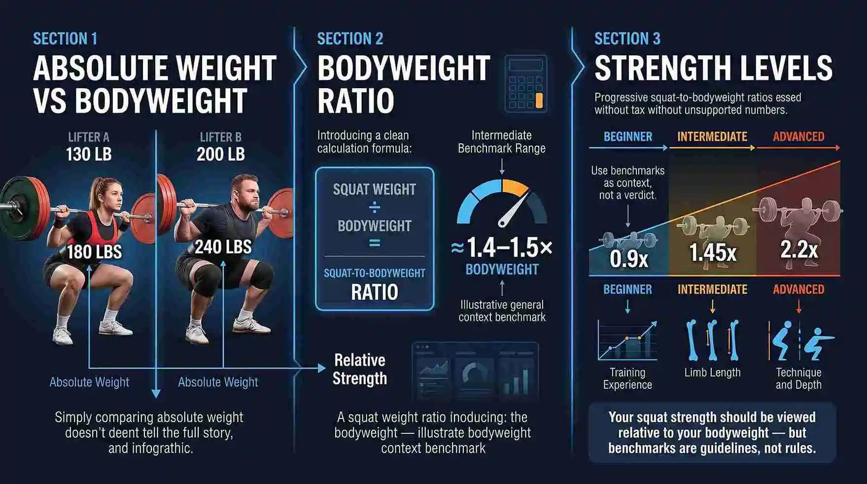 Squat max calculator showing squat strength benchmarks based on bodyweight ratio
