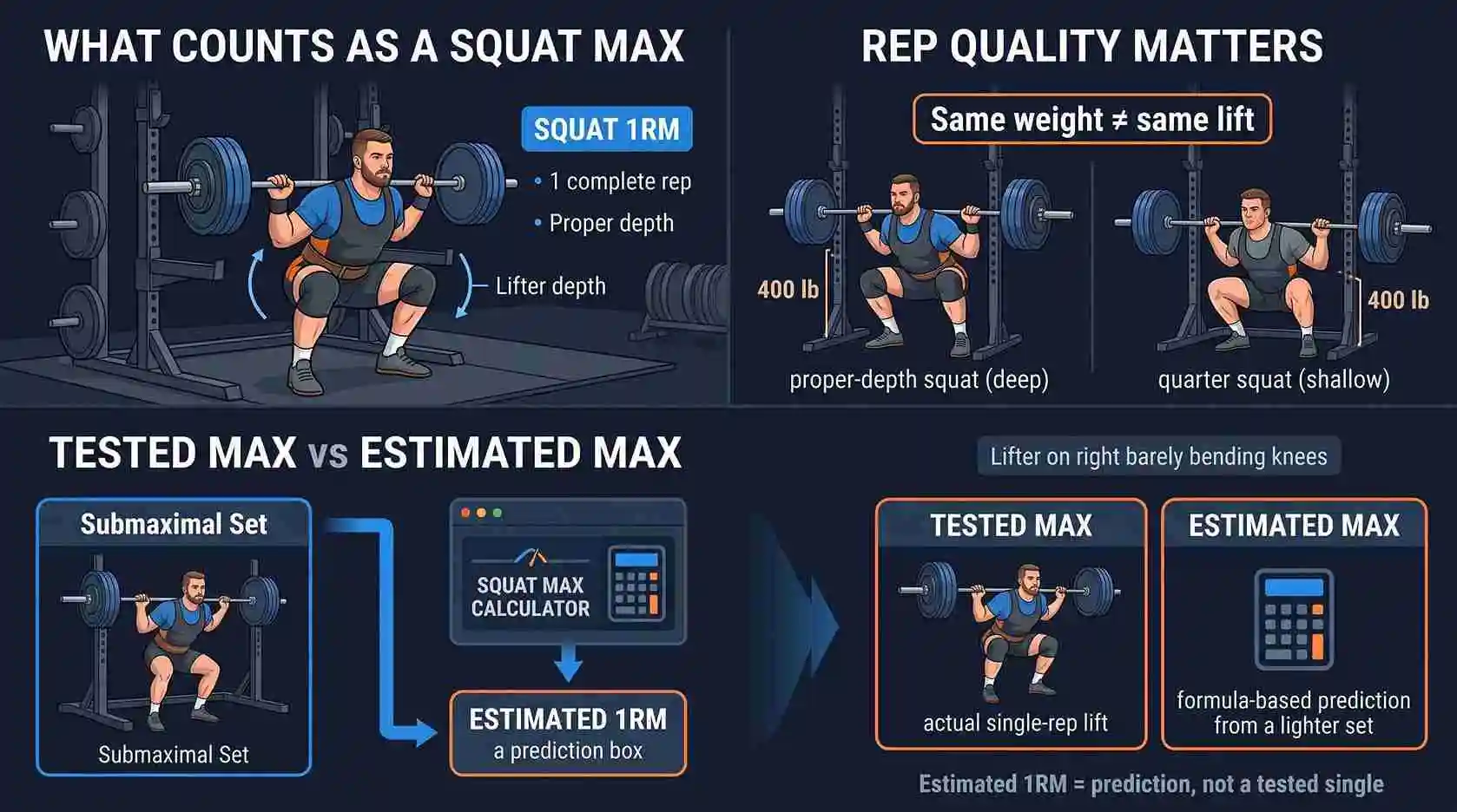Squat max calculator showing proper squat depth and the difference between tested and estimated 1RM